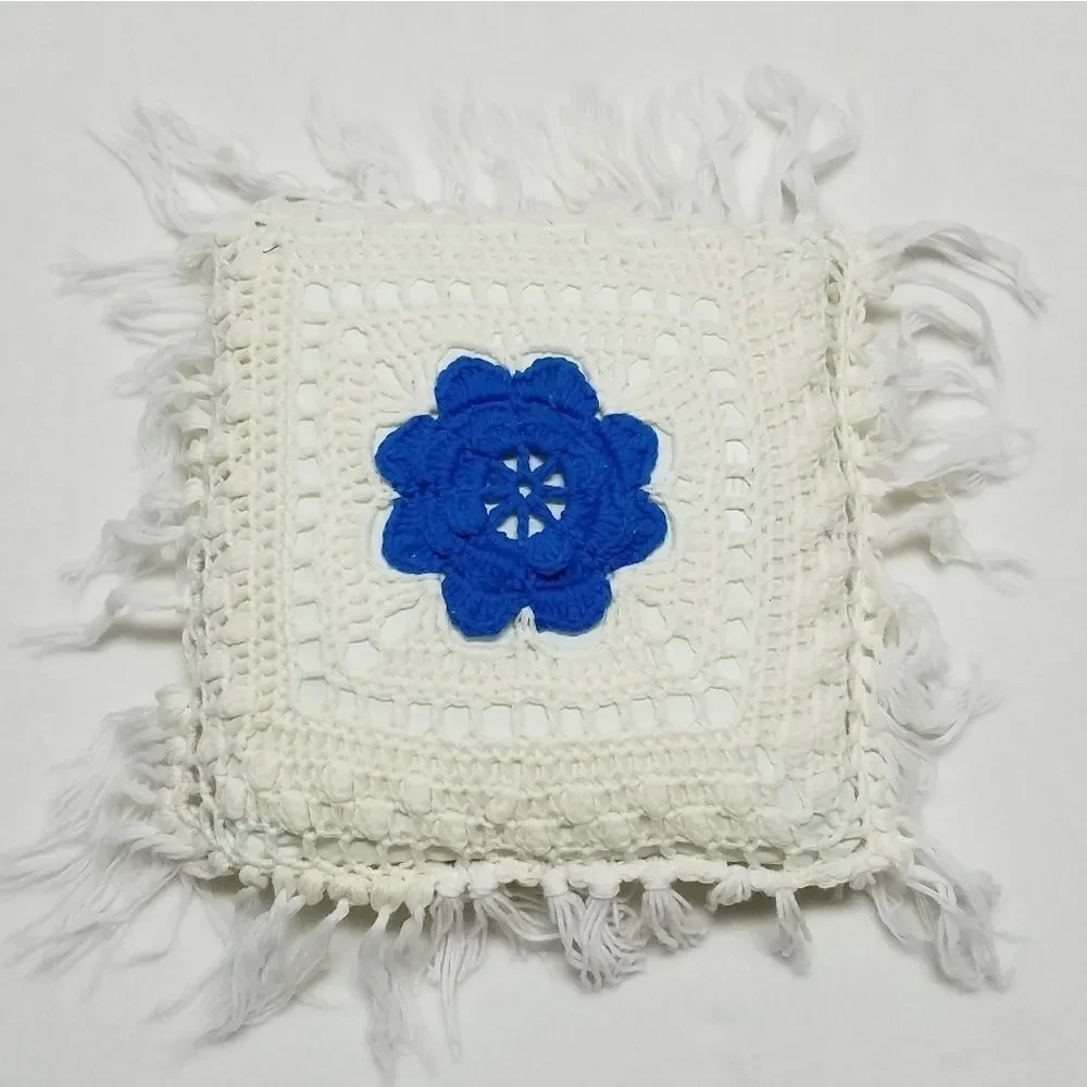 VINTAGE Blue Cream Floral Handmade Crochet Pillow